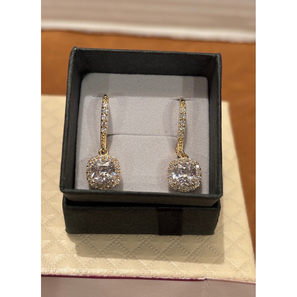 Diamonique Cushion Cut Halo Leverback Earrings 14K Gold Over Sterling Silver 925